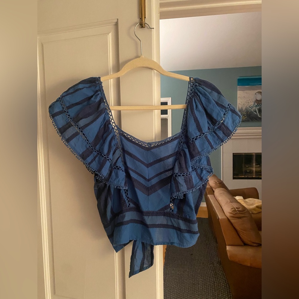 Free People Blue Stripe Ruffle Open Back Tie Top